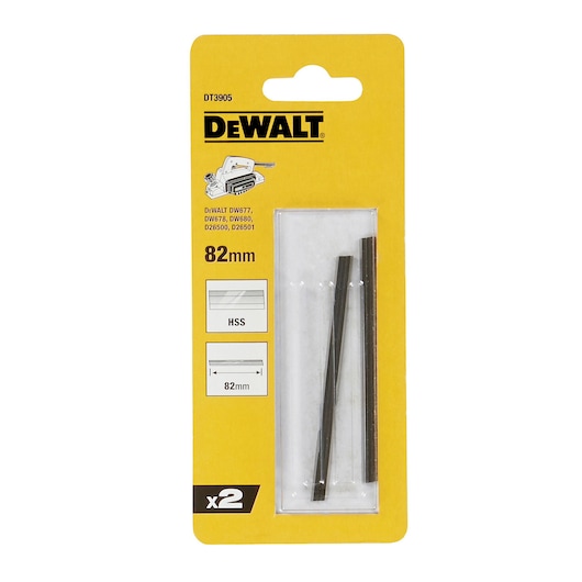 DEWALT DT3905 82mm planer blades in yellow packaging, set of 2 high-speed steel blades.