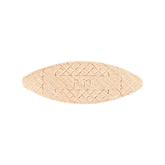 Oval wooden biscuit for joinery, marked P10, with textured surface for woodworking connections.