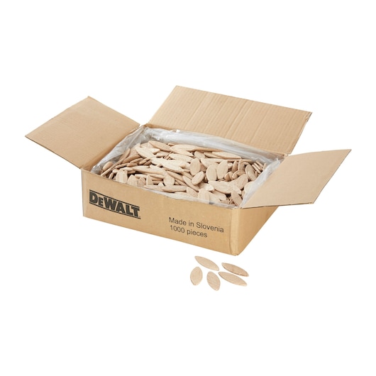 Open DEWALT box with wooden biscuits, labeled 'Made in Slovenia, 1000 pieces', some biscuits scattered outside.
