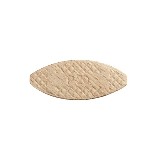 Single DEWALT wooden biscuit for joinery, oval shape, marked with P-20, on white background.