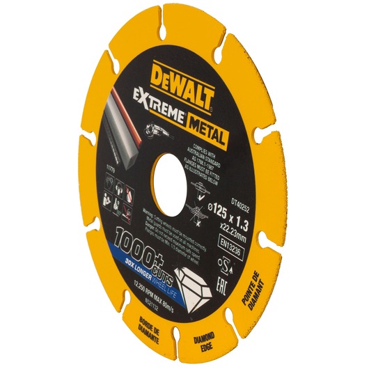 DEWALT DT40252 Extreme Metal diamond cutting disc, 125mm diameter, yellow and black, for metal cutting.