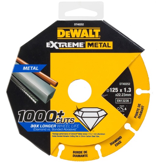 DEWALT DT40252 Extreme Metal cutting disc, 125mm diamond edge for metal, claims 1000+ cuts and longer wheel life.
