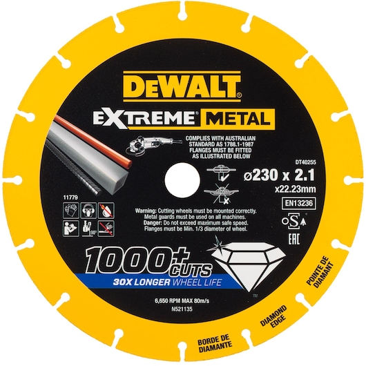 Image of a DEWALT Extreme Metal cutting wheel (DT40255), 230 mm diameter with diamond edge. The disc is yellow with a black center and white, yellow, and blue text. It is designed for cutting metal, stating '1000+ cuts' and '30x longer wheel life.' Safety warnings and usage instructions are printed, along with compliance to Australian standards.