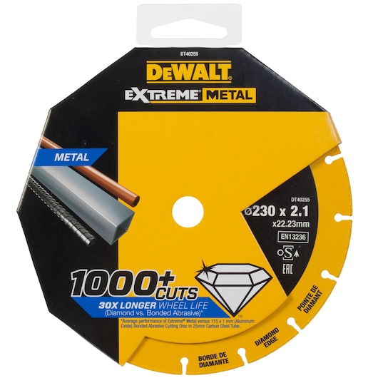 DEWALT Extreme Metal cutting disc DT40255, 230x2.1mm, for metal, 1000+ cuts, diamond edge, packaged.