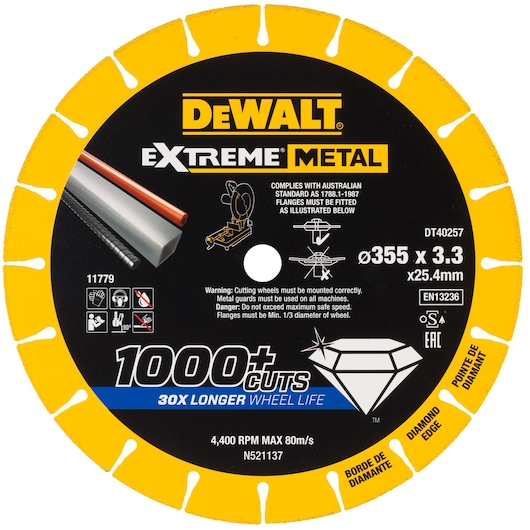 DEWALT Extreme Metal diamond cutting wheel DT40257, 355 x 3.3 x 25.4 mm, for long-lasting metal cutting.