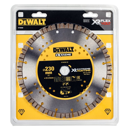 DEWALT DT40260 230mm diamond cutting disc for construction, in XR FlexVolt packaging.