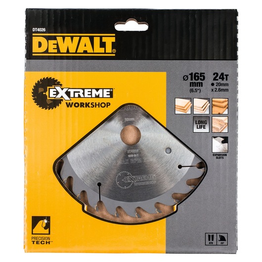 DEWALT DT4026 Extreme Workshop circular saw blade, 165mm, 24 teeth, in yellow and black packaging.