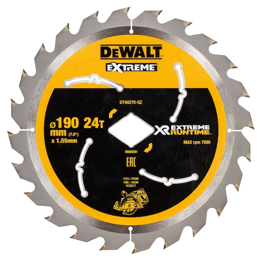 DEWALT DT40270 saw blade with 24 teeth, 190mm diameter, for cutting wood. Extreme Runtime design.