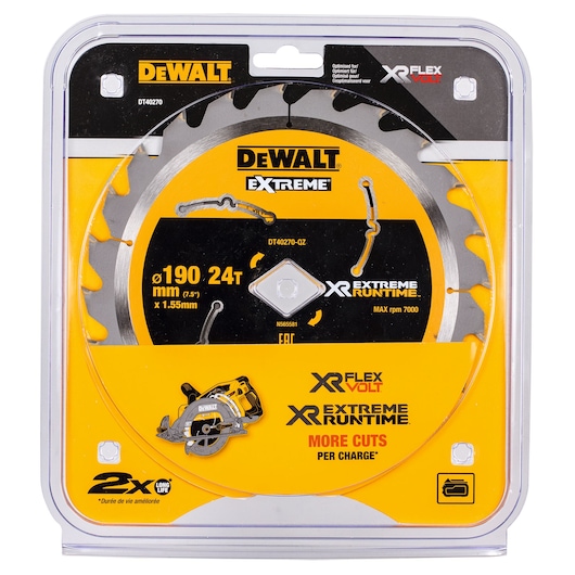 DEWALT DT40270 circular saw blade, 190mm, 24 teeth, in packaging, designed for XR FlexVolt Extreme Runtime.