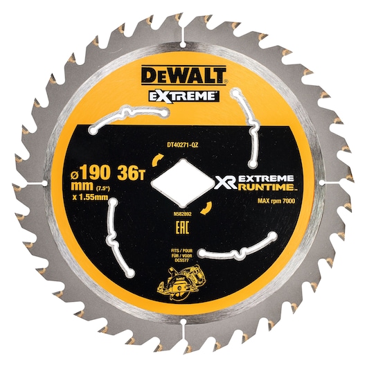 DEWALT DT40271 190mm 36T circular saw blade with yellow and black design for XR Extreme Runtime.