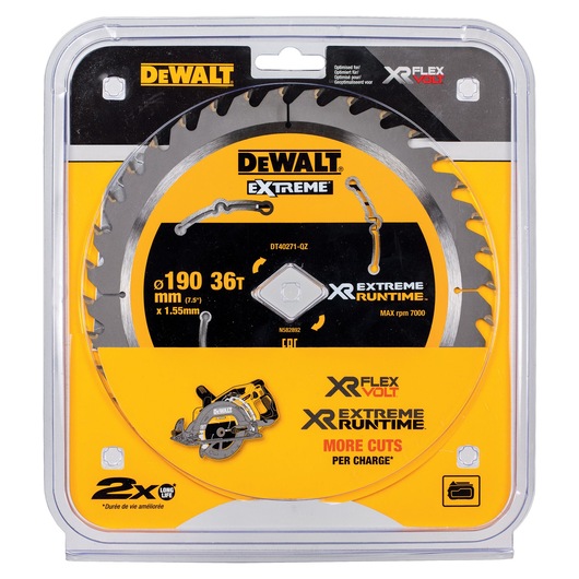 DEWALT DT40271 Extreme circular saw blade in packaging, 190mm diameter, 36 teeth, for extended runtime.