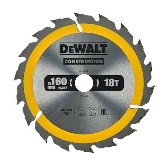 DEWALT DT4031 160mm 18T circular saw blade for construction, with yellow edge and technical details visible.