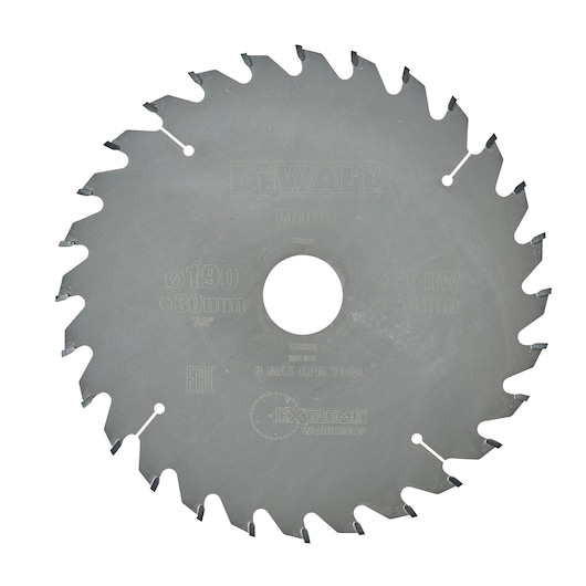 Circular saw blade for wood with sharp teeth, designed by DEWALT, SKU DT4033, diameter 190mm and 30mm center hole.