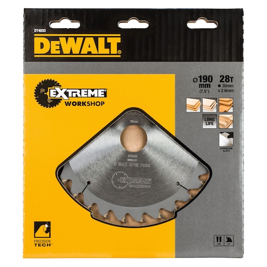 DEWALT DT4033 Extreme Workshop saw blade in packaging, 190mm diameter, 28 teeth, suitable for wood cutting.