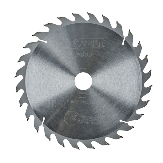 A circular saw blade for woodworking, branded DEWALT, made of metal with sharp teeth around the edge.