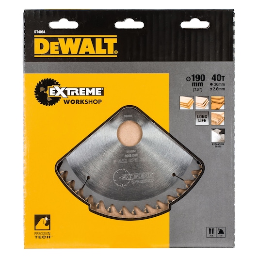 DEWALT DT4064 190mm 40T saw blade for wood, shown in workshop packaging with specifications.