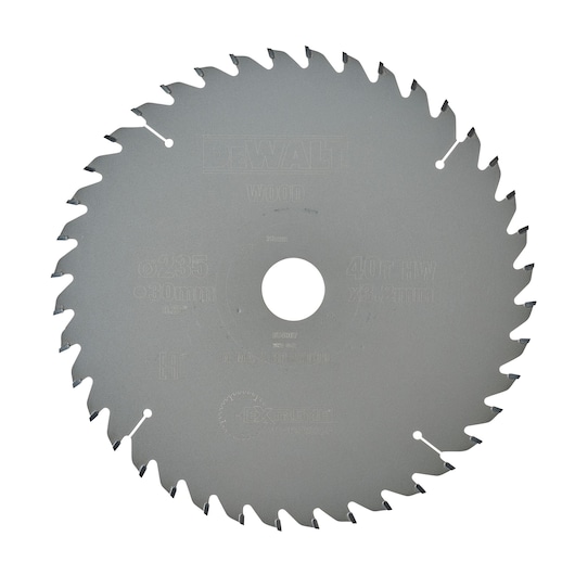 DEWALT DT4067 circular saw blade for woodworking, featuring 40 sharp teeth and a central mounting hole.