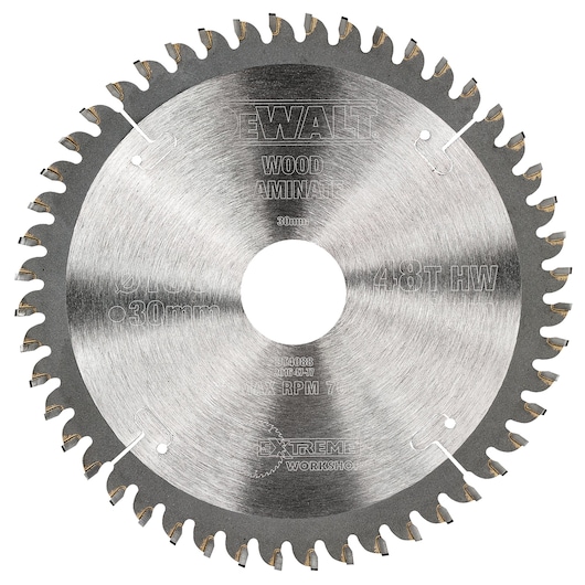 DEWALT DT4088 circular saw blade for wood, 48 teeth, silver metal finish with central hole.
