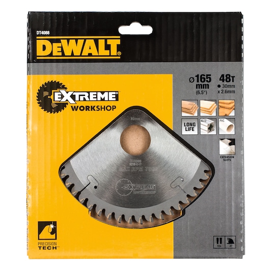 DEWALT DT4088 Extreme Workshop 165mm 48T saw blade in yellow and black retail packaging.