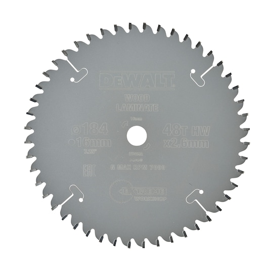 DEWALT DT4092 circular saw blade for wood and laminate, 184mm diameter, 48 teeth, silver color.
