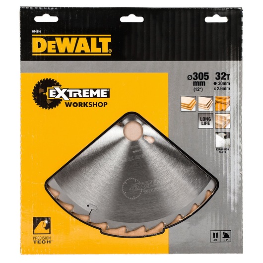 DEWALT DT4210 305mm 32T saw blade for woodworking, in yellow and gray retail packaging.