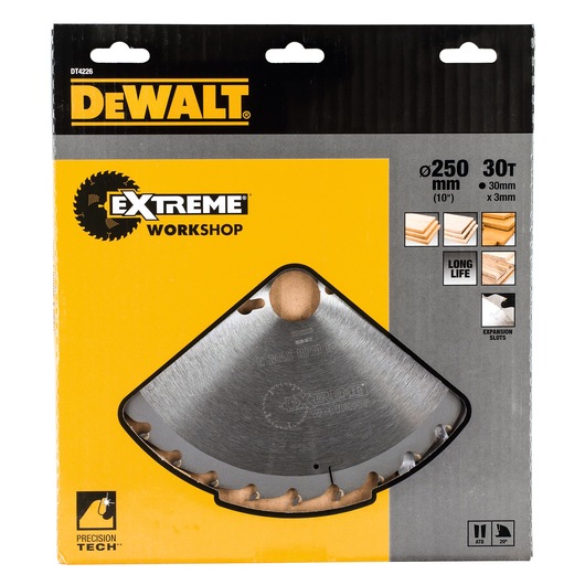 DEWALT DT4226 Extreme Workshop 250mm saw blade, 30 teeth, for woodworking, shown in retail packaging.