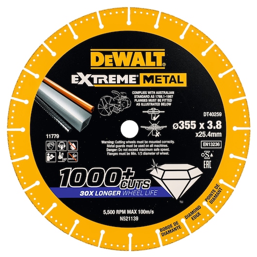 DEWALT Extreme Metal DT4259 diamond edge cutting wheel, 355mm diameter, for metal cutting, black and yellow design.