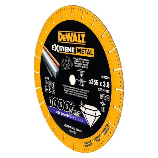 DEWALT Extreme Metal DT4259 saw blade, 355mm diameter, diamond edge, for metal cutting.