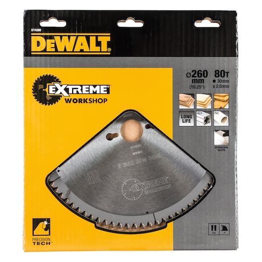 DEWALT DT4280 Extreme Workshop saw blade, 260mm, 80 teeth, in yellow and black packaging.