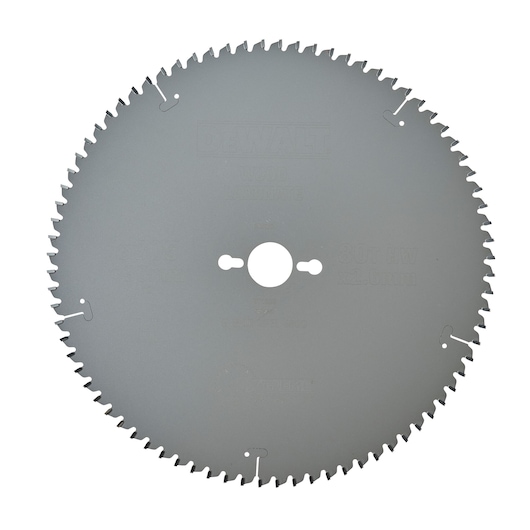 A circular saw blade with evenly spaced teeth, manufactured by DEWALT. The blade is metallic and has a central hole for mounting.