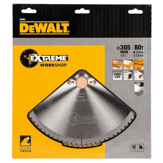 DEWALT DT4283 saw blade for woodworking in yellow-black packaging, 305mm, 80 teeth, Extreme Workshop series.
