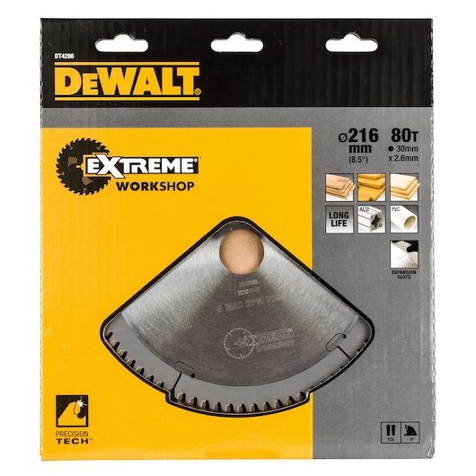 DEWALT DT4286 circular saw blade in packaging, 216mm, 80 teeth, for wood, aluminum, PVC, workshop use.