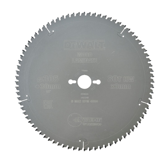 DEWALT DT4288 circular saw blade for wood laminate, 305mm diameter, 80 teeth, workshop use.
