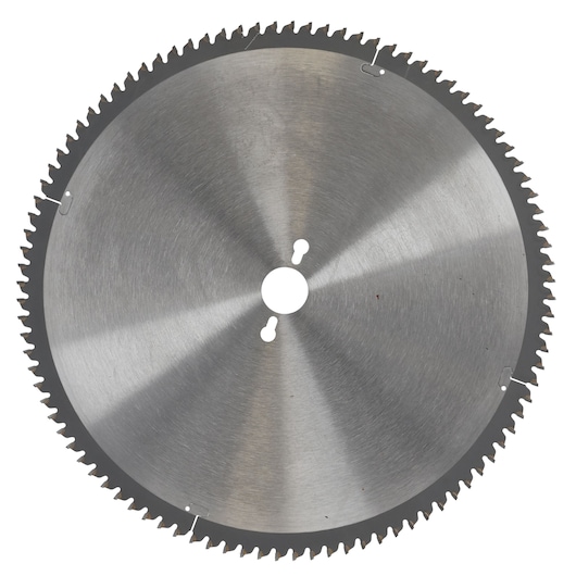 A close-up image of a circular saw blade with fine, evenly spaced teeth, made of metal.