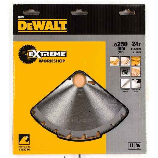 DEWALT DT4301 Extreme Workshop 250mm 24T circular saw blade in yellow and black packaging.
