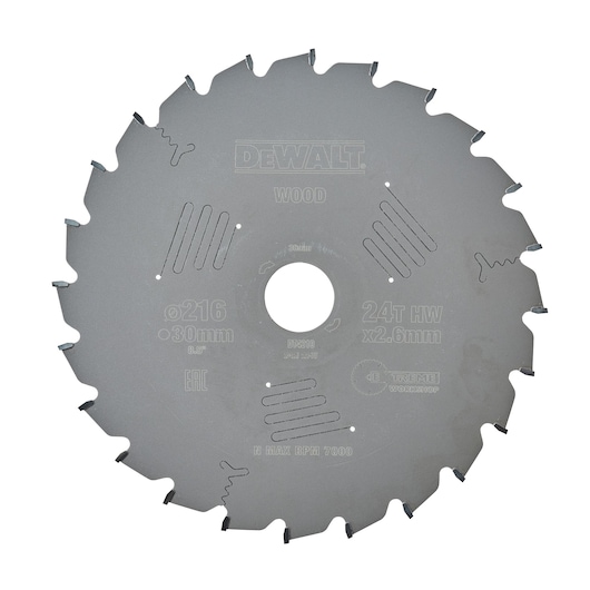 DEWALT DT4310 circular saw blade for wood, 216mm diameter, 24 teeth, 30mm arbor, silver color.