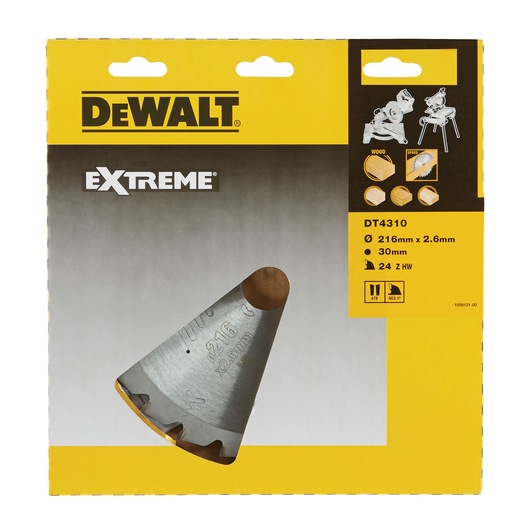 DEWALT DT4310 saw blade in yellow packaging, 216mm x 2.6mm, 30mm bore, for wood cutting.
