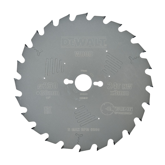 DEWALT DT4311 circular saw blade for wood, 24 teeth, 250mm diameter, 30mm bore, suitable for workshop use.