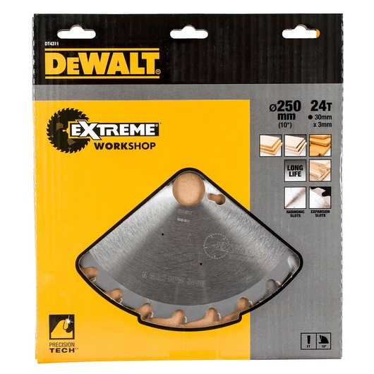 DEWALT DT4311 Extreme Workshop 250mm 24T circular saw blade in yellow and black packaging.
