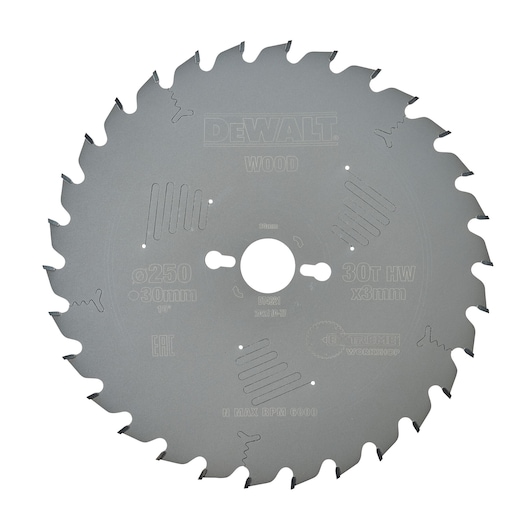 DEWALT DT4321 circular saw blade for wood, 250mm diameter, 30mm bore, 30 teeth, HW, suitable for woodworking.