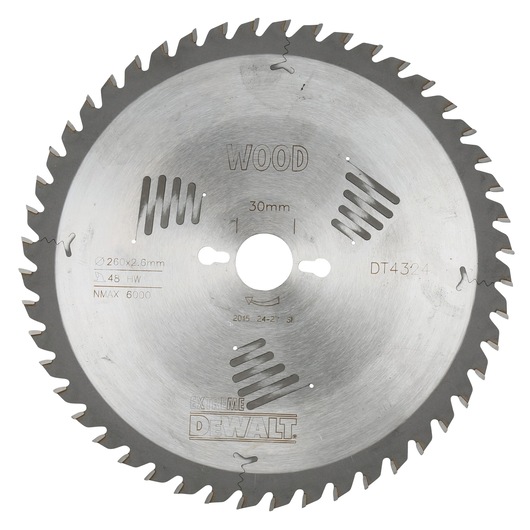A circular saw blade for wood cutting from DEWALT, model DT4324, with 48 teeth and a 30mm arbor hole. Maximum speed marked as 6000 RPM.