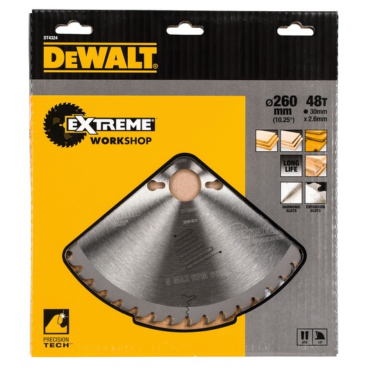 DEWALT DT4324 Extreme Workshop saw blade, 260mm, 48 teeth, in yellow and black packaging.