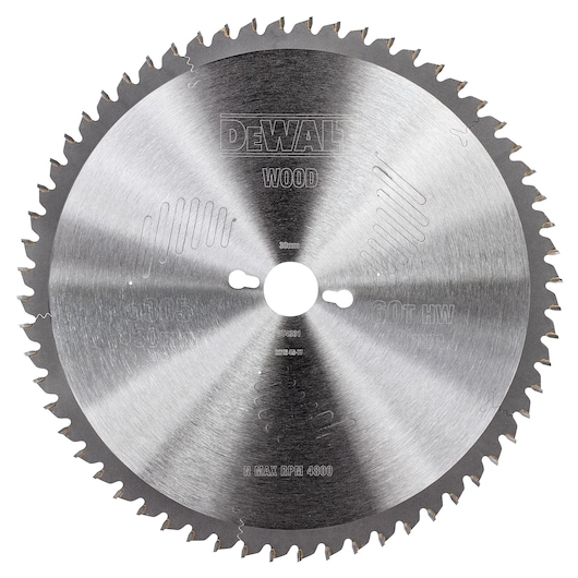 DEWALT DT4331 circular saw blade for wood, metal finish, 60 teeth, with central hole and laser-cut expansion slots.