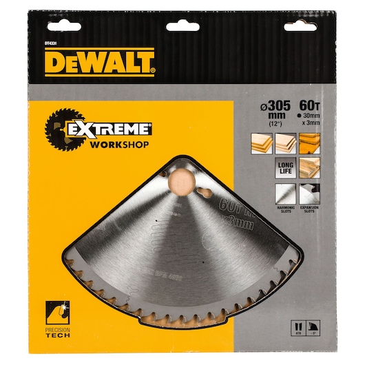 DEWALT DT4331 Extreme Workshop 305mm 60T saw blade in retail packaging for wood cutting.