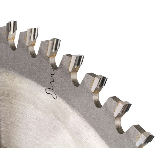 Close-up of a DEWALT DT4346 circular saw blade teeth against a white background.