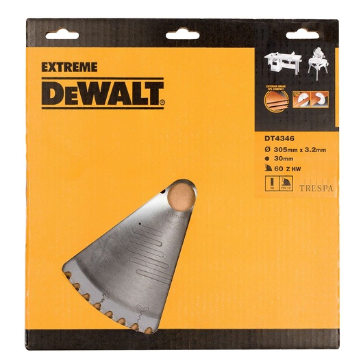 DEWALT DT4346 saw blade in yellow packaging with product specs and partial blade visible.