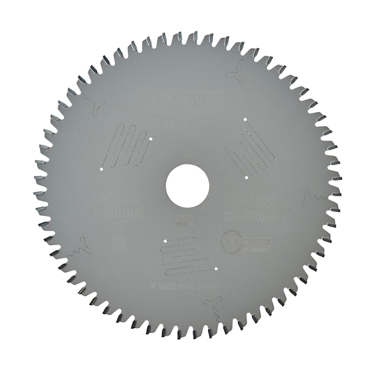 DEWALT circular saw blade for wood, silver color with sharp teeth around the edge and center mounting hole.