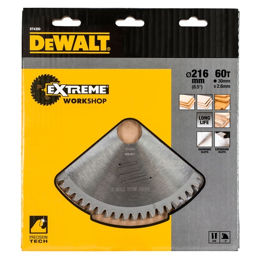 DEWALT DT4350 saw blade, Extreme Workshop, 216mm, 60T, packaged for wood cutting.