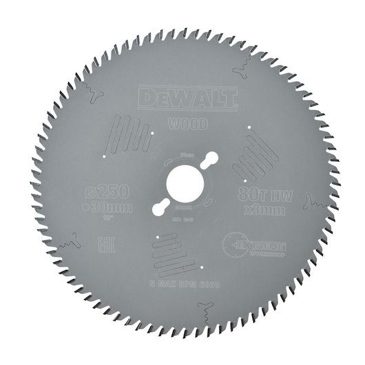 DEWALT DT4353 circular saw blade for wood, 250mm diameter, 80 teeth, 30mm bore, designed for precise cutting. The blade is silver with detailed markings, including specifications and brand logo.
