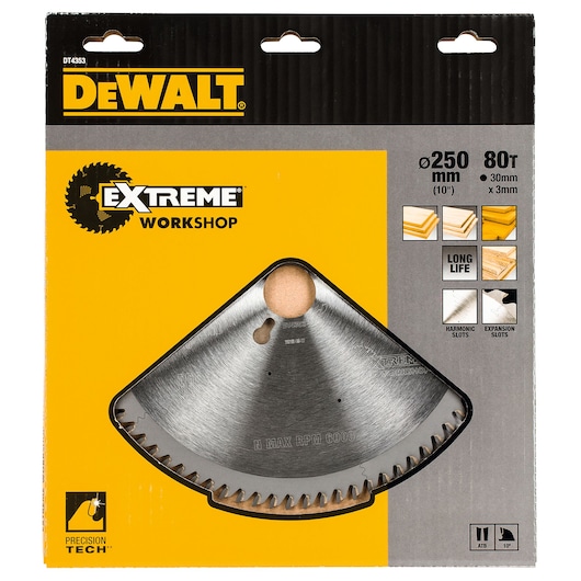 DEWALT DT4353 circular saw blade in packaging, 250 mm diameter, 80 teeth, for wood cutting.